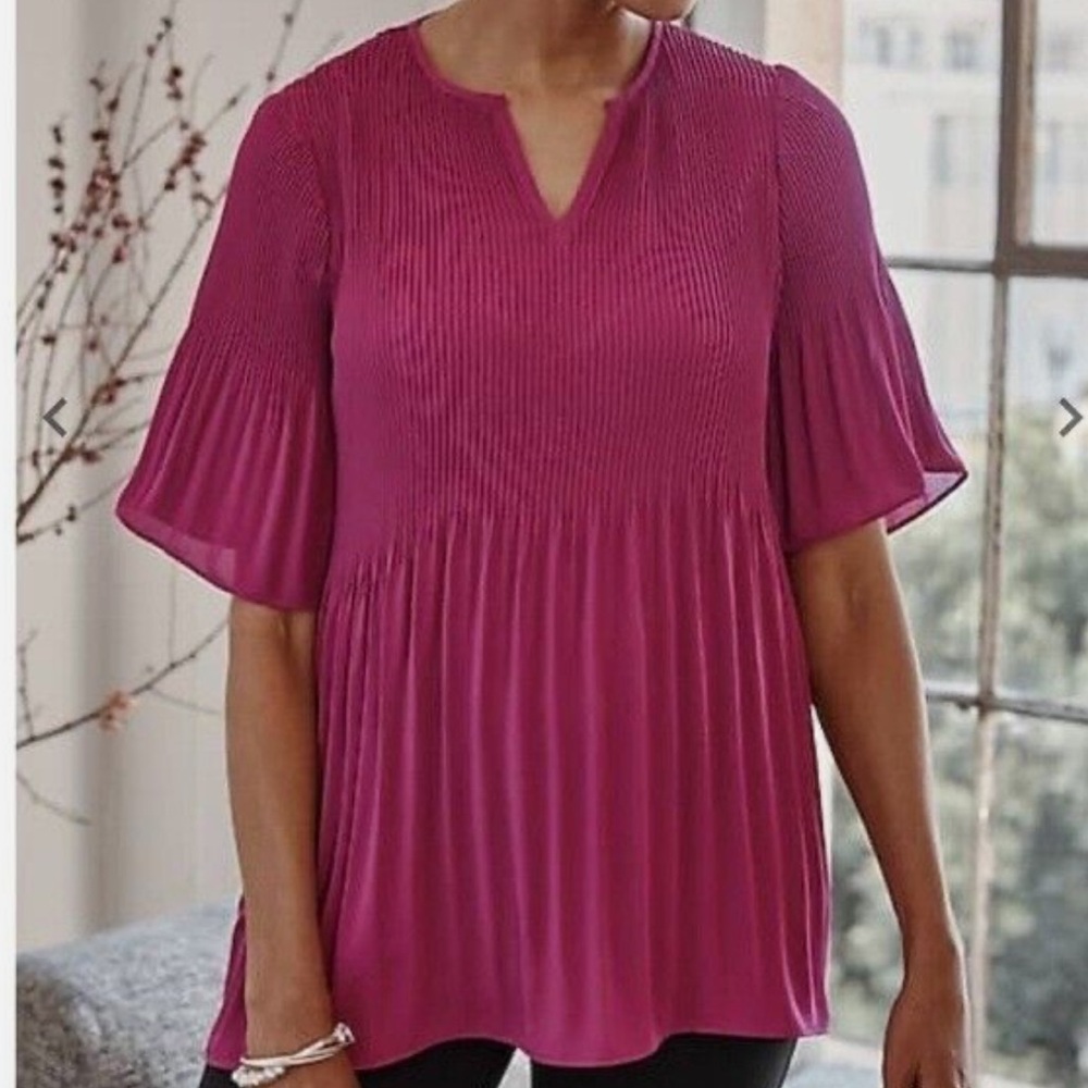 NWT J.Jill Wearever Sunburst Pleated Woven Top Blouse Women’s Small Boyson Berry